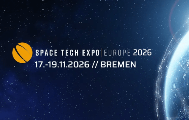 Comat booth at Space Tech Expo Europe 2026 in Bremen, featuring reaction wheels, SADMs and deployable systems for satellites