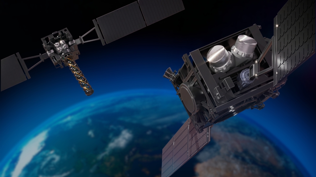 Illustration de satellites &eacute;quip&eacute;s de roues &agrave; r&eacute;action et de m&eacute;canismes d'entra&icirc;nement de panneaux solaires (SADM) Comat